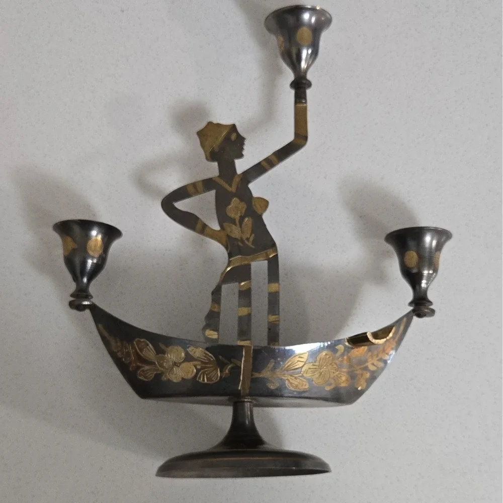 Brass 3-Arm Candelabra, Silver/Gold Tone vintage, Taper Candle, Asymmetrical